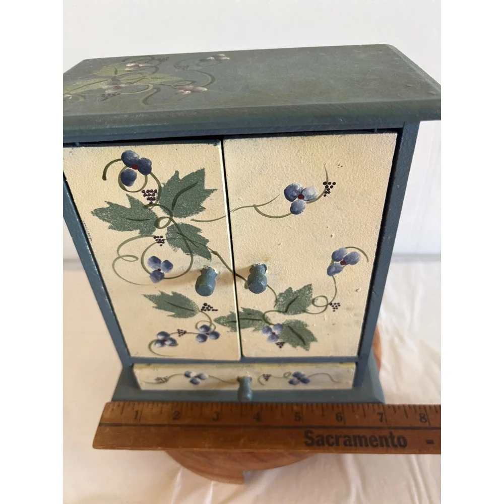 Vintage Hand Painted Wooden Cottagecore Jewelry Box Cabinet Floral Folk Art blue